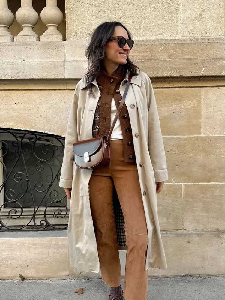 Women Solid Lapel Trench Coat Plaid Lining Single Breasted Full Sleeve Loose Coats Lady 2025 Autum Commute High Street OutwearT251226