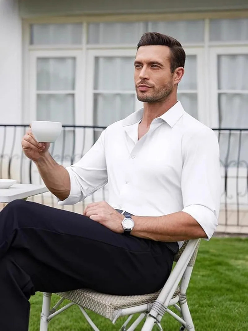 Premium Mens Ultra Stretch Dress Shirts Long Sleeve High Quality Business Formal Wrinklefree Soft White Social Male Clothing 251225