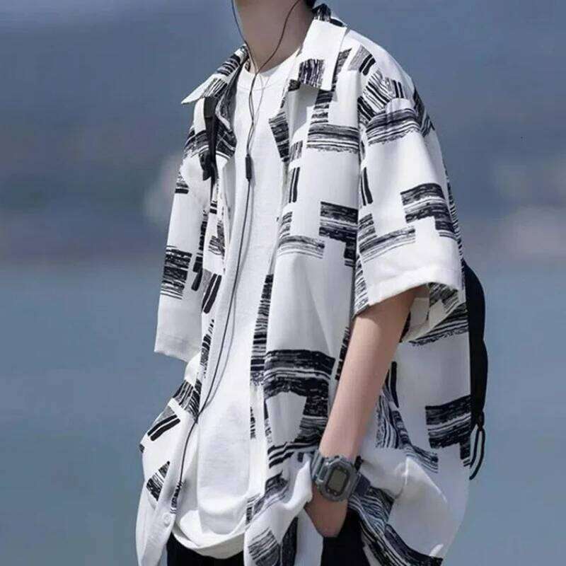 Men Summer Vintage Japanese Style Print Lapel Streetwear Y2k Shirt Youth Male Simple Casual Short Sleeve Oversize Harajuku Tops