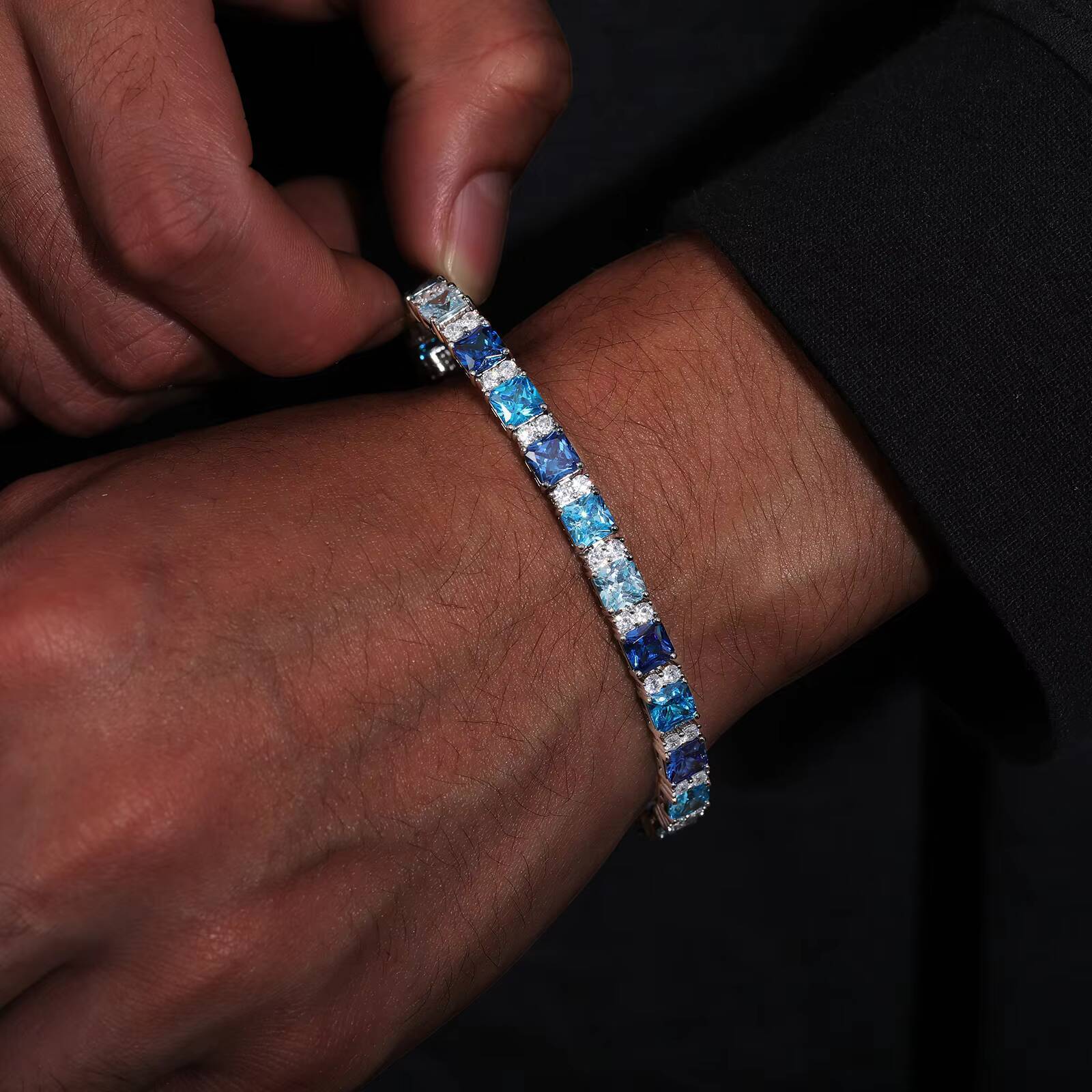 Fashion Gradient Color 6mm 925 Sterling Silver VVS Moissanite Diamond Blue Princess Cut CZ Cluster Tennis Bracelet