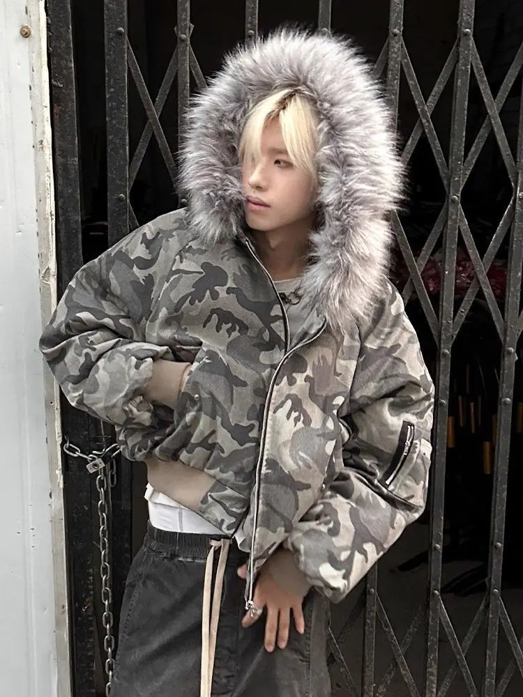 american Winter camouflage Fur Hooded Jacket Men Outerwear Thick Short Parkas Coat Faux Collar Parkas Casual Aesthetic Retro 251223