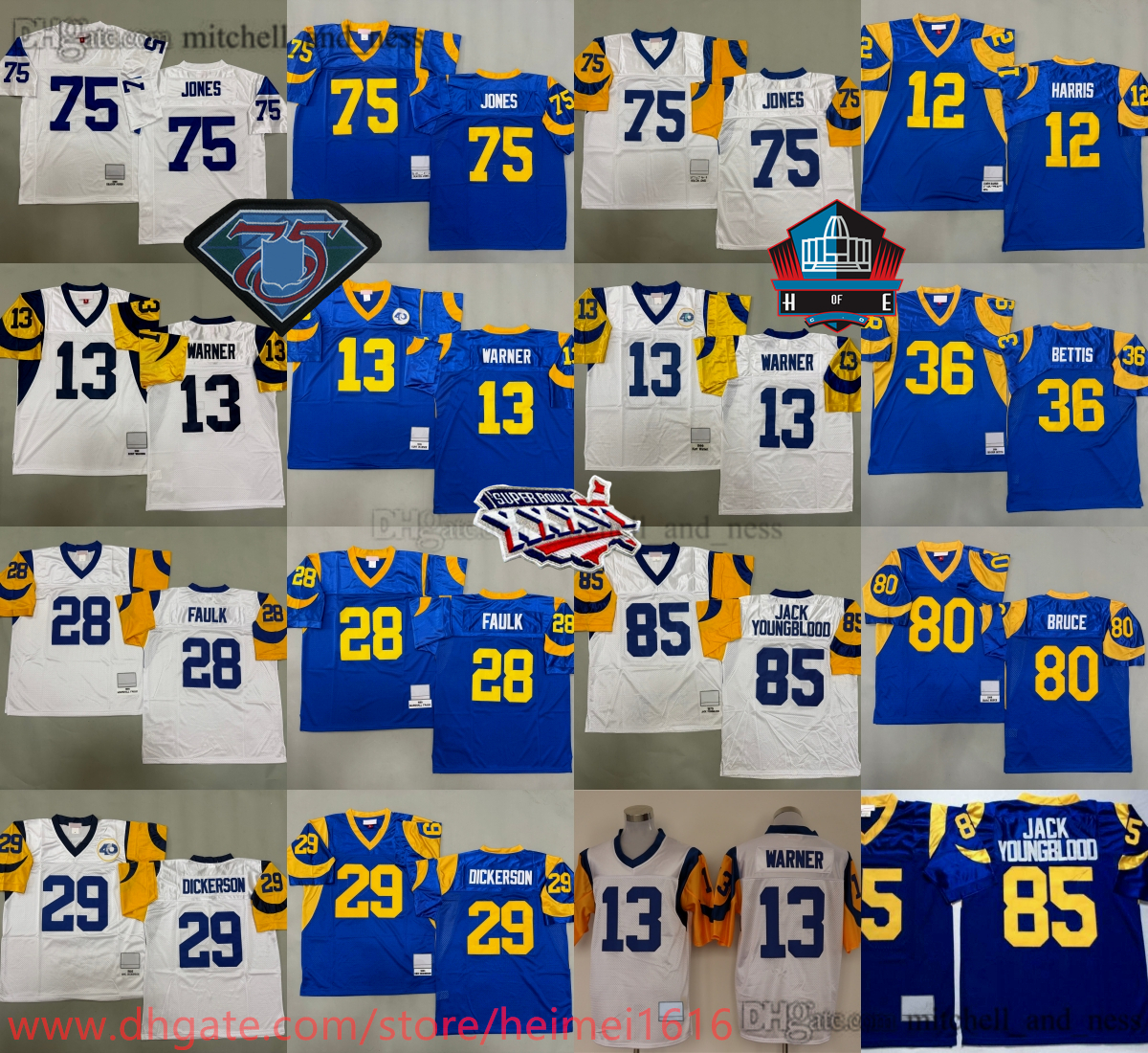 1980 M&N Throwback Football 13 Kurt Warner Jersey 75 Deacon Jones 12 Joe Namath 36 Jerome Bettis 28 Marshall Faulk 29 Eric Dickerson 80 Isaac Bruce 85 Jack Youngblood