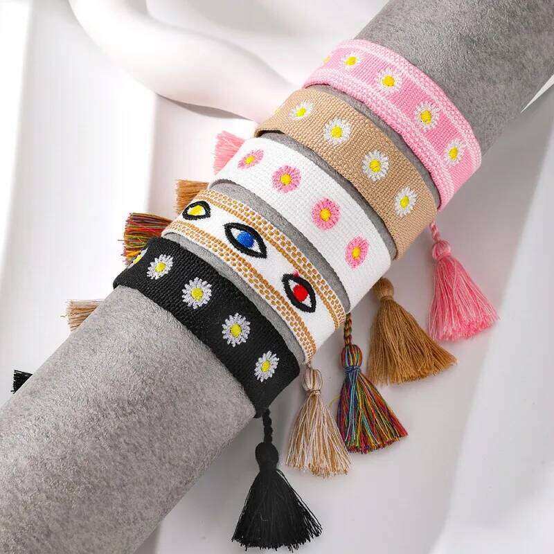 Bohemia Summer Mori Style Girl Embroidered Bow Letter Bracelet Handmade Woven Tassel Wrist Band Fashion Jewelry Wholesale Gift 25T1226