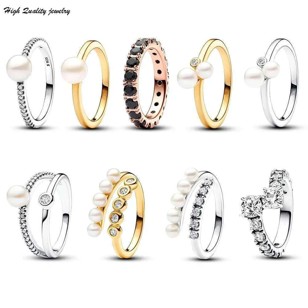 925 2024 New Sterling Silver pretty Black Sparking Row Eternity Overlapping Band Treated Freshwater Cultured Pearls Open Ring wholesale