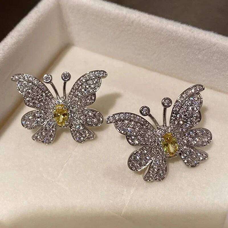 Huitan Gorgeous Yellow Butterfly Stud for Women Aesthetic Accessories Wedding Earrings Fancy Gift Statement Jewelry