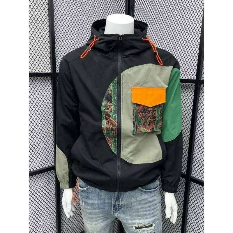 Men's Clothing Trendy Print Patchwork Pocket Zipper Hooded Jacket Spring Autumn Vintage Casual Streetwear Long Sleeve Loose Coat