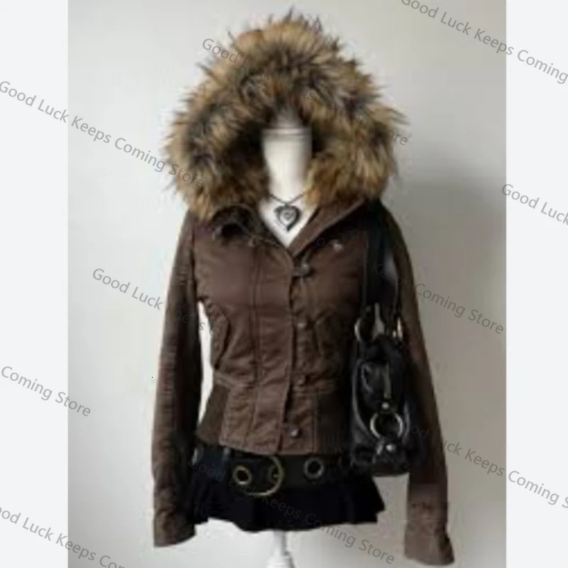 Essential brown fur collar hooded short jacket in Europe and America in autumn and winter Y2K fashionable versatile super warm 251222