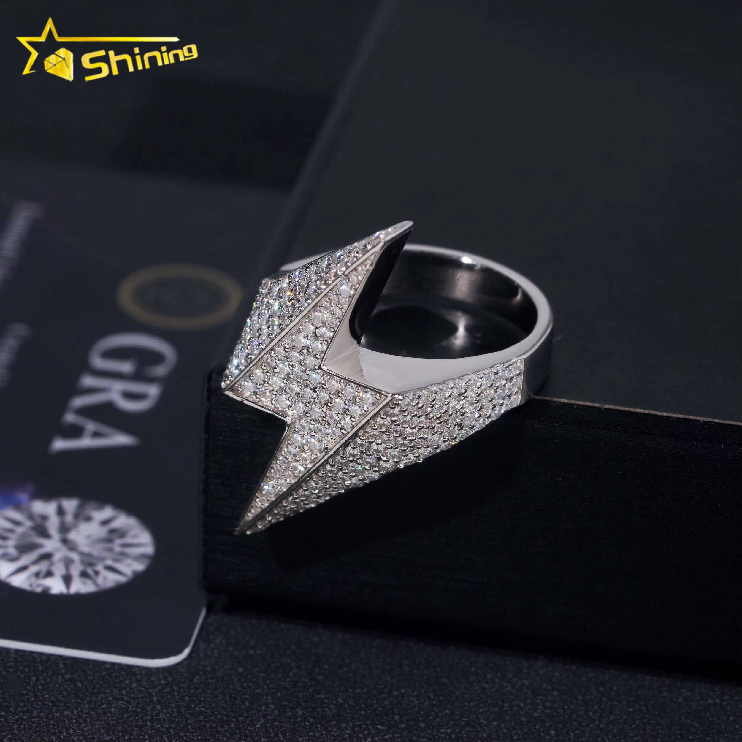 Fine Jewelry Fast Shipping GRA Moissanite 925 Silver Iced Out Hip Hop Lighting Symbol Mens Rings