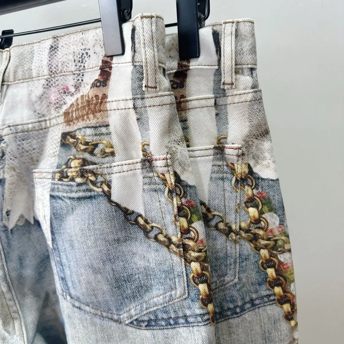 American retro jeans y2k lace pearl chain 3D printed straight scimitar for men and women loose couple trousers 251226