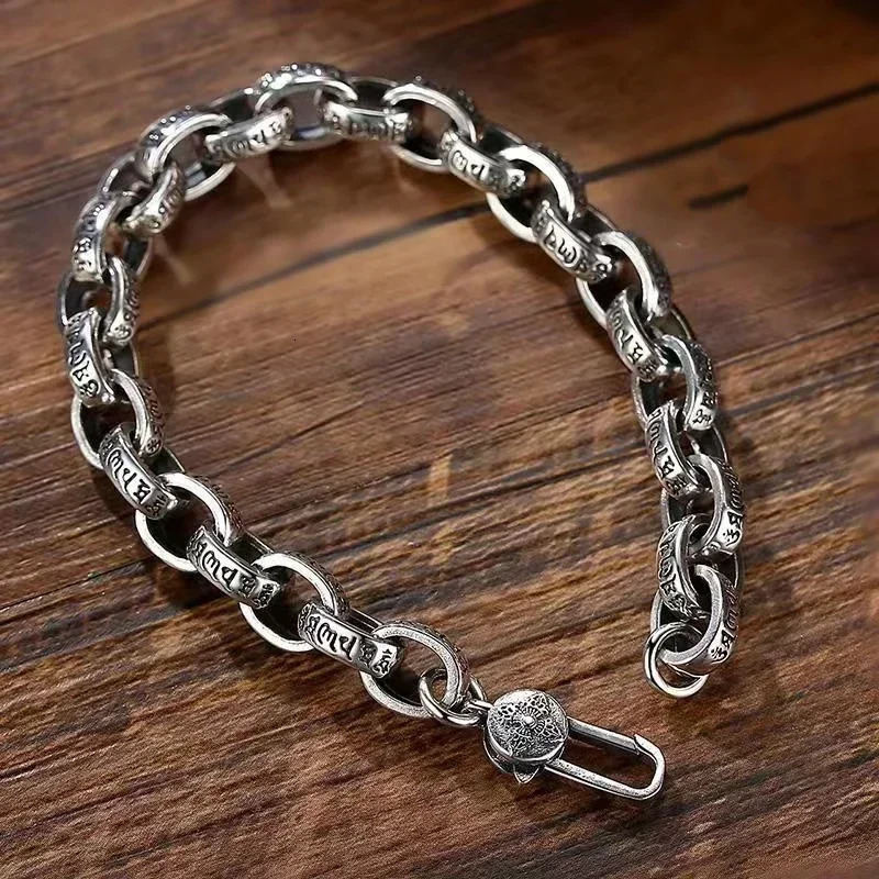 Real Solid S925 Silver Six-Character Mantra Bracelet Men Women Retro Trend Jewelry Gift 251222
