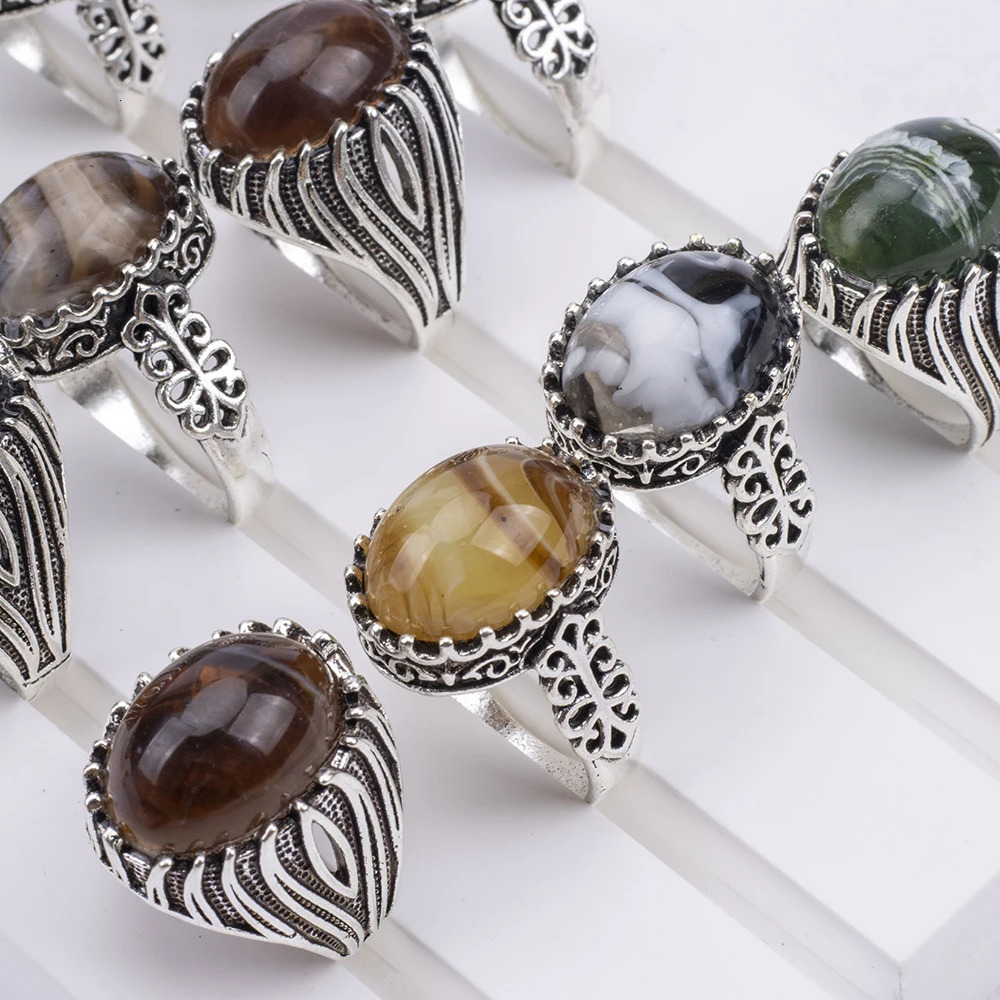 20Pcs/Lot Wholesale Mix Style Natural Stone Finger Rings Fashion Big Oval Agate Party Gifts 251219