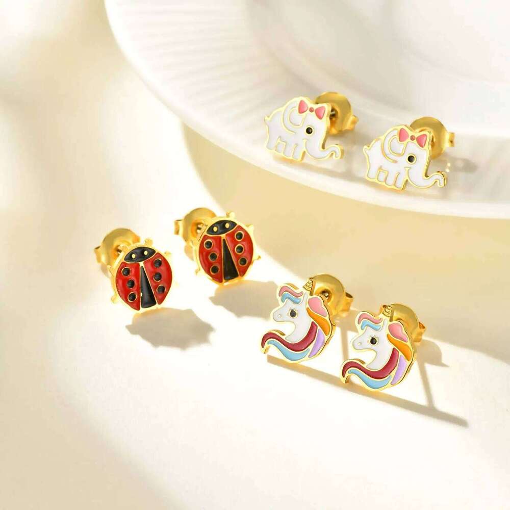 Cute Rainbow Unicorn Stud Earrings for Women Girls,Stainless Steel Insect Beetle Earrings,Charms Jewelry Accessories Gift 25H1226
