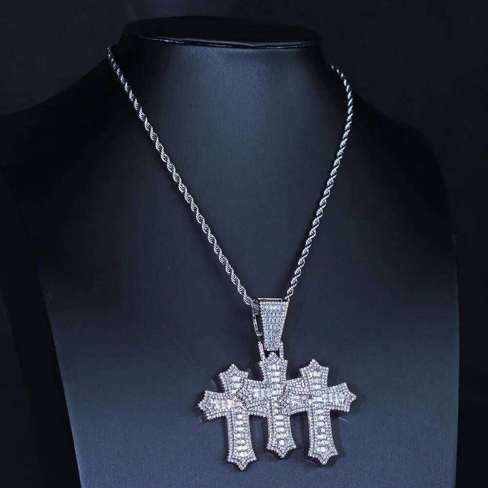 jewelry High Quality 3-in-1 Micro Pave Bling Baguette Cubic Zirconia Cross Silver Gold Plated Brass Diamond Charm Pendant