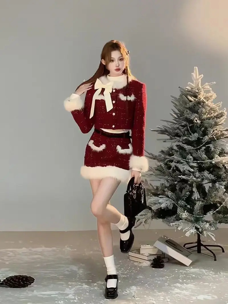 Winter Womens Two Pieces Set Red Tweed Suit with Blazer and Skirt Buttons Chic French Fashion for Casual Formal Events 251211