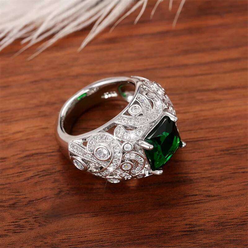 Huitan Fashion Women Finger Elegant Square Green/White CZ Rings for Anniversary Party Fancy Birthday Gift Luxury Jewelry