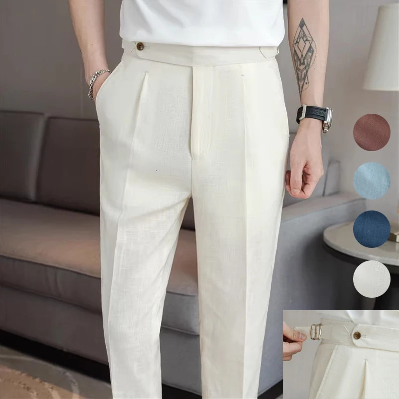 90 Linen 10 Cotton Suit Pants Naples Breathable Casual Mens Height Pant M3XL Straight 251226