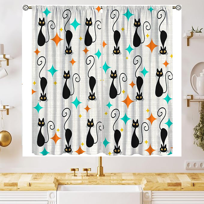 YL-38049 New Simple Geometric Pattern Cute Cat Print Curtain for Kitchen, Cafe, and Restaurant Decoration