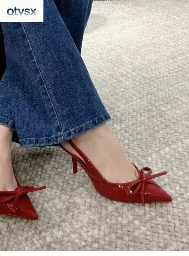 Otvsx Autumn New High Heels Fashion Sexy Style Elegant Bow Design Red Lacquer Pointed Design Luxury Women's High Heels