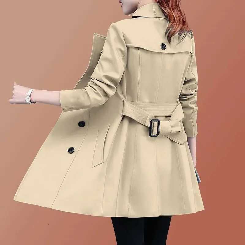 2025 New Trench Coat Midi Length Fashion Korean Elegant Khaki Black Loose Womens Windbreaker Coat Casual Double Breasted TopsT251226