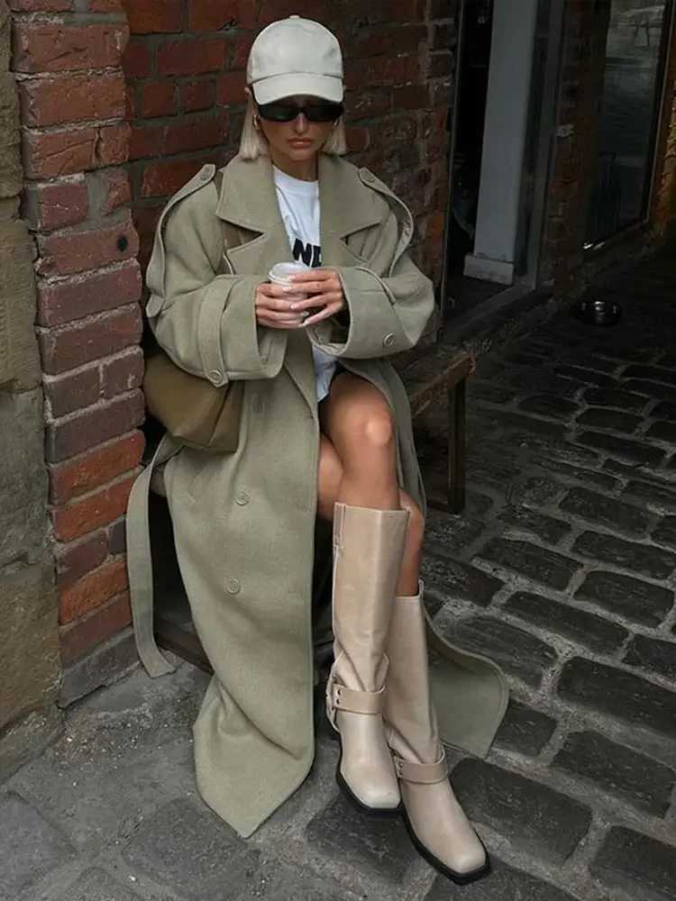 Street Double Breasted Belt Overcoat Women Loose Solid Lapel Full Sleeve Pocket Long Jacket 2025 Autumn Winter Lady Trench CoatT251226