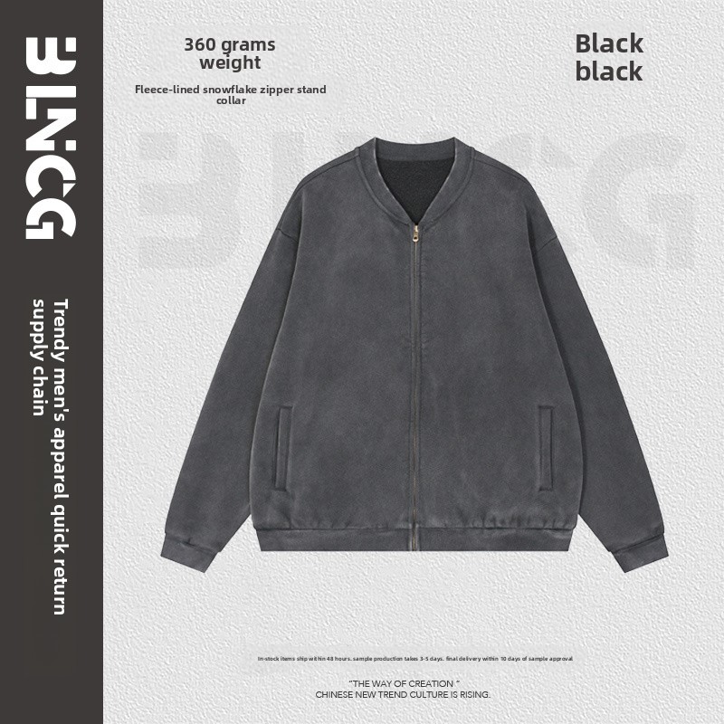 BLNCG Men's Long-Sleeve Jacket - Washed Vintage Design, V-Neck & Zipper Closure, 100% Cotton with Pockets, Oversized Unisex Streetwear Style-KFML