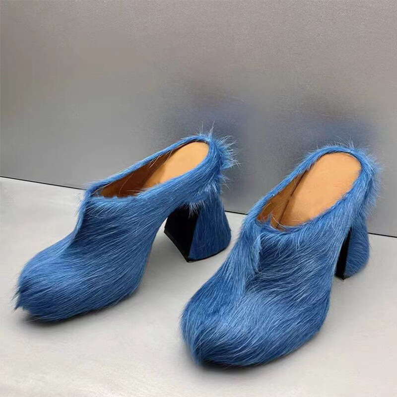 2025 New Foreign Trade Style Closed-Toe Horsehair Chunky Heel Waterproof Mules Thick Sole Platform Plus Size Women's Shoes