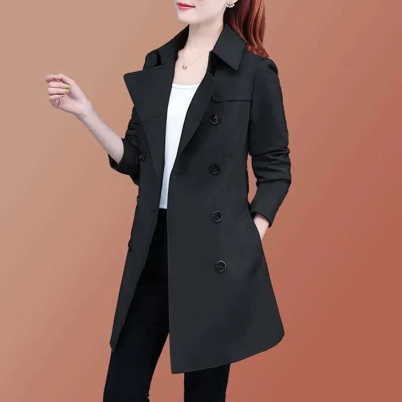 2025 New Trench Coat Midi Length Fashion Korean Elegant Khaki Black Loose Womens Windbreaker Coat Casual Double Breasted TopsT251226