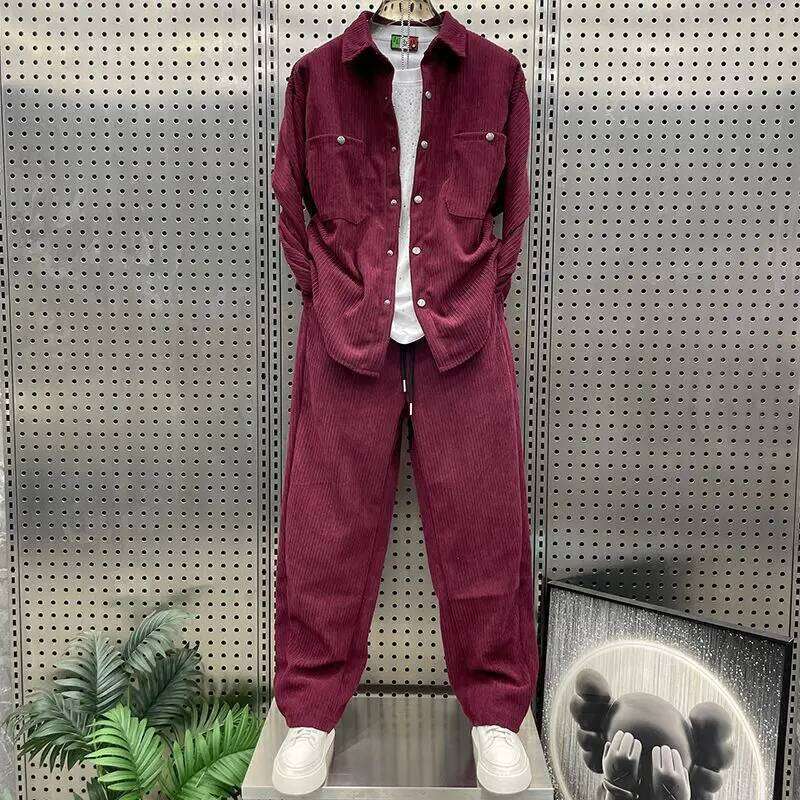 Autumn Winter Thickened Lapel Solid Color Corduroy Casual Suit Trendy Men's Fashion Versatile Jacket Trousers Two-Piece Set
