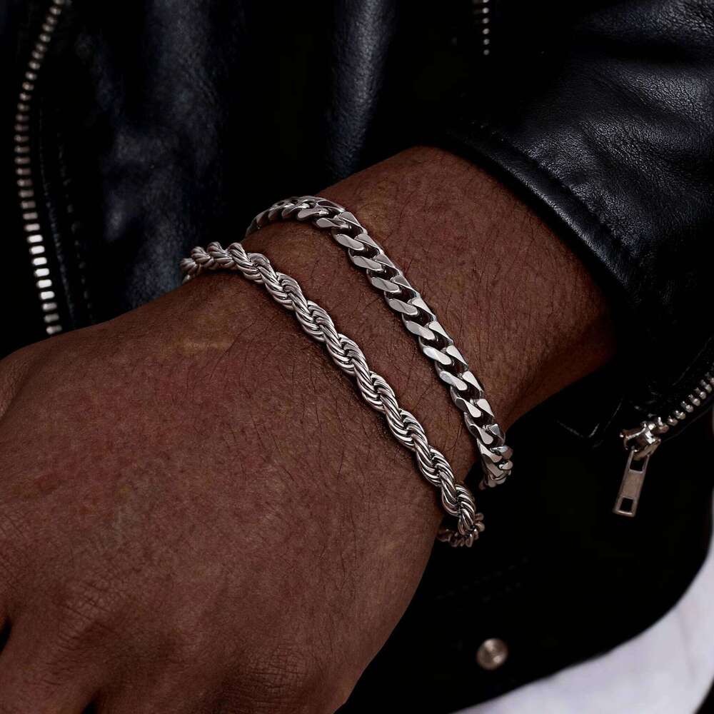 2pcs Men's Bracelets,Stainless Steel Silver Gold Black Color Twist Rope Chain Wristband,Trendy Cuban Link Chains Gift 25T1226