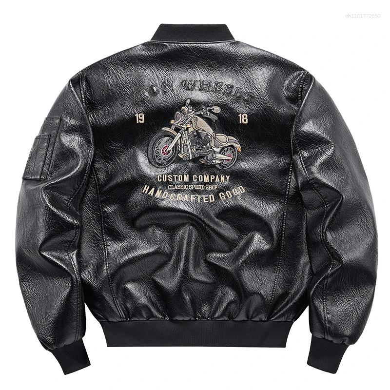 Men's Jackets Emboridery Motorcycle Leather Jacket Autumn American Motorbiker Coat Men Baseball Collar Pilot Casual PU
