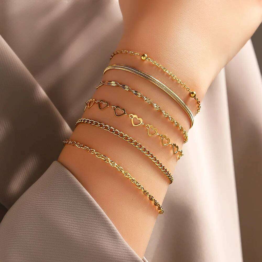 6pcs Stainless Steel Women's Chain Bracelet Set, Waterproof Jewelry, Fashionable Matching, Party, Holiday Gift 25T1226