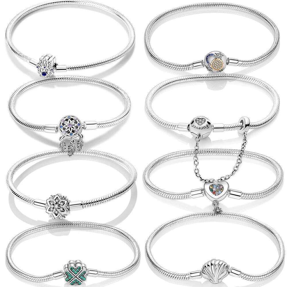 New 925 Sterling Silver Sparkling Fatima Hamsa Hand Snake Basic Chain Bracelet Fit Original Charm Beads DIY Women Design Jewelry 25T1226