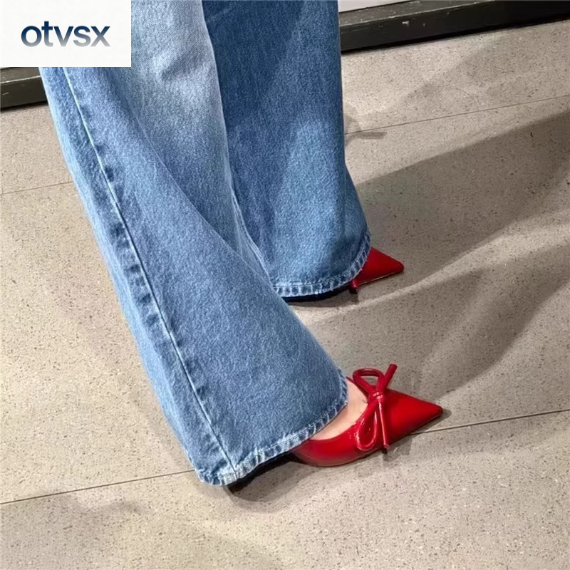 Otvsx Autumn New High Heels Fashion Sexy Style Elegant Bow Design Red Lacquer Pointed Design Luxury Women's High Heels