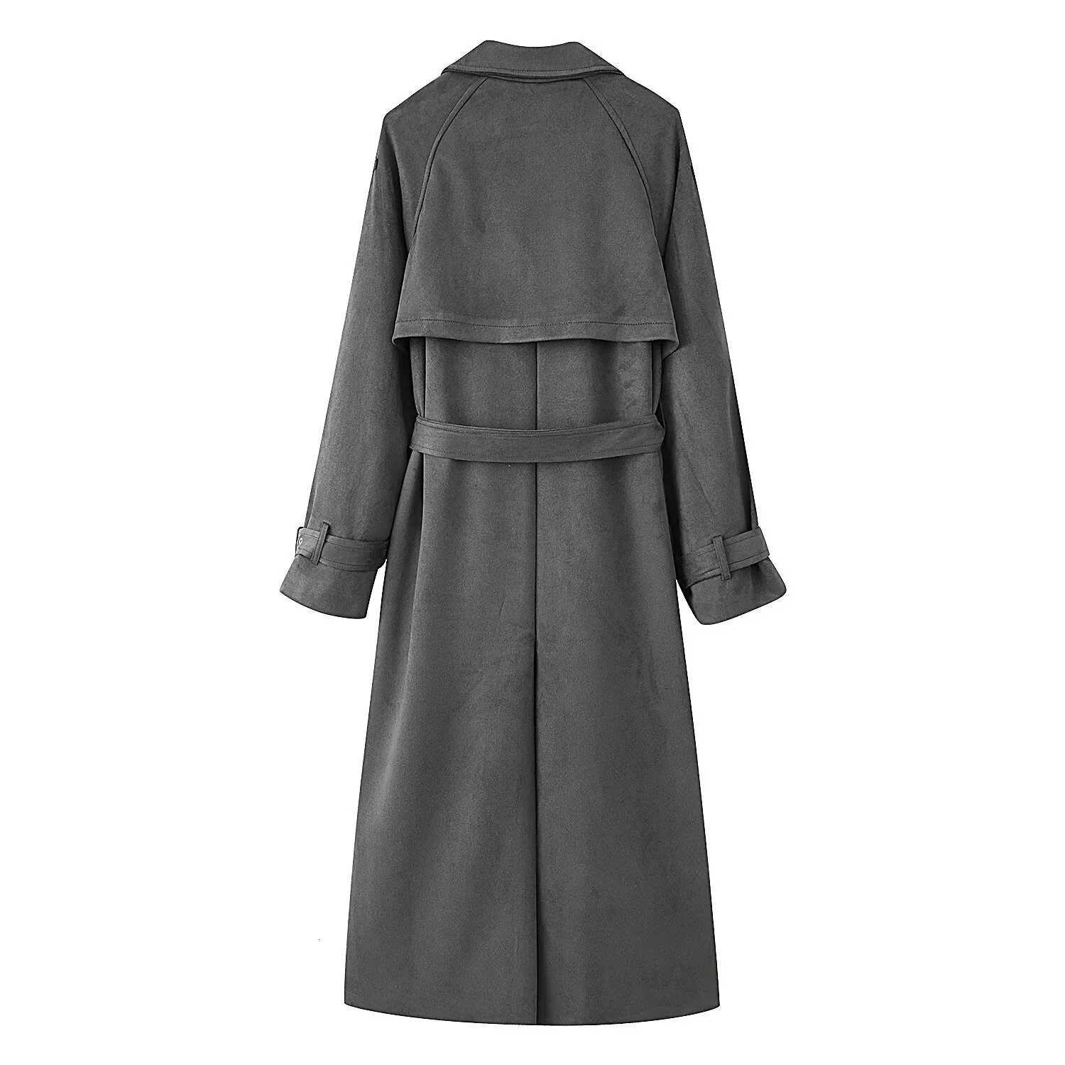 Women Retro Solid Suede Long Trench Coat With Belt Lapel Double-Breasted Jacket Pockets 2025 Autumn Winter New Lady OutwearT251226