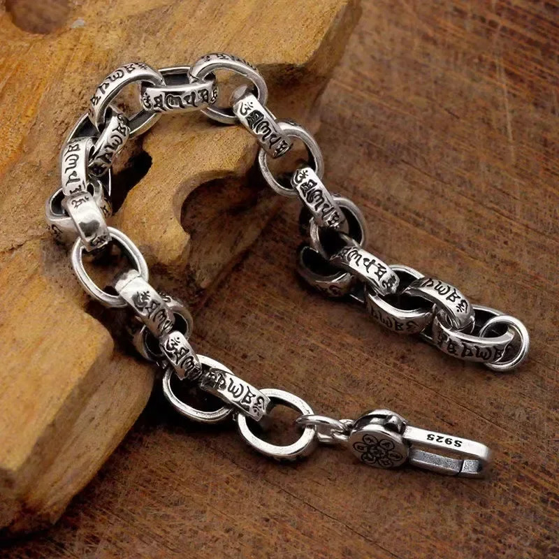 Real Solid S925 Silver Six-Character Mantra Bracelet Men Women Retro Trend Jewelry Gift 251222