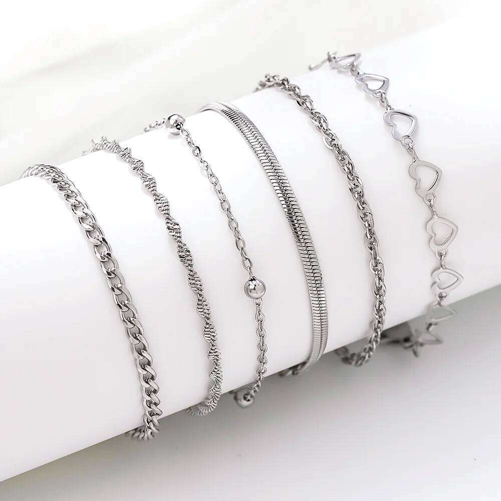 6pcs Stainless Steel Women's Chain Bracelet Set, Waterproof Jewelry, Fashionable Matching, Party, Holiday Gift 25T1226