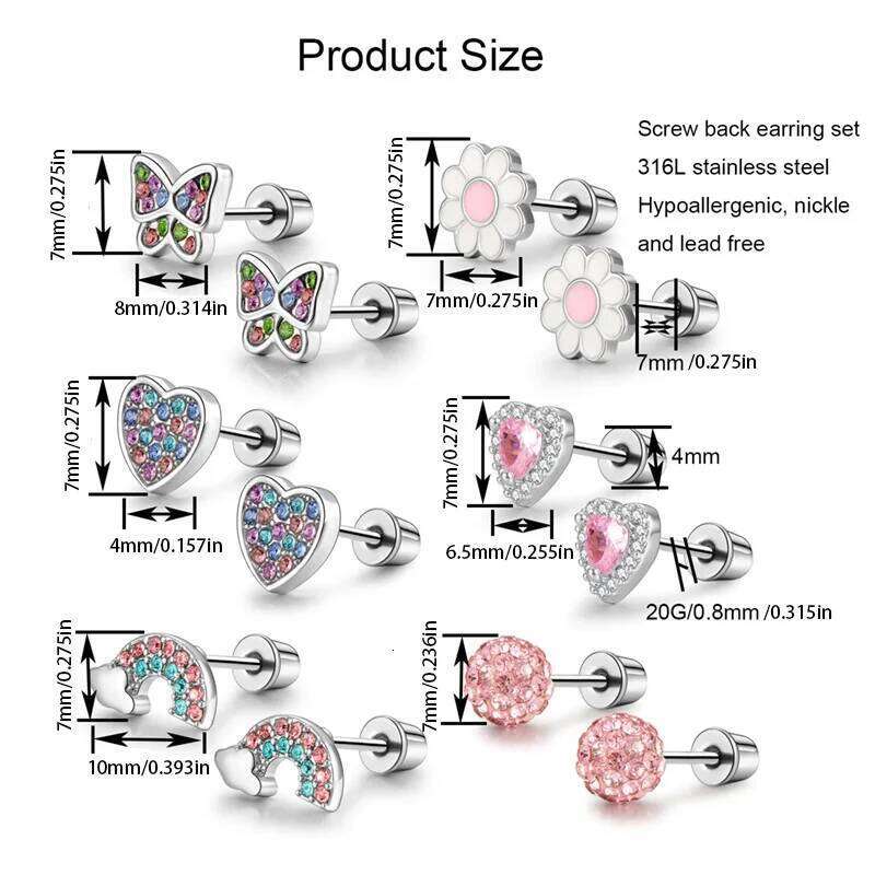 6 pairs of stainless steel screw stud earrings, such as hearts, flowers, butterflies, rainbows, set with shiny zircon earrings. 25H1226