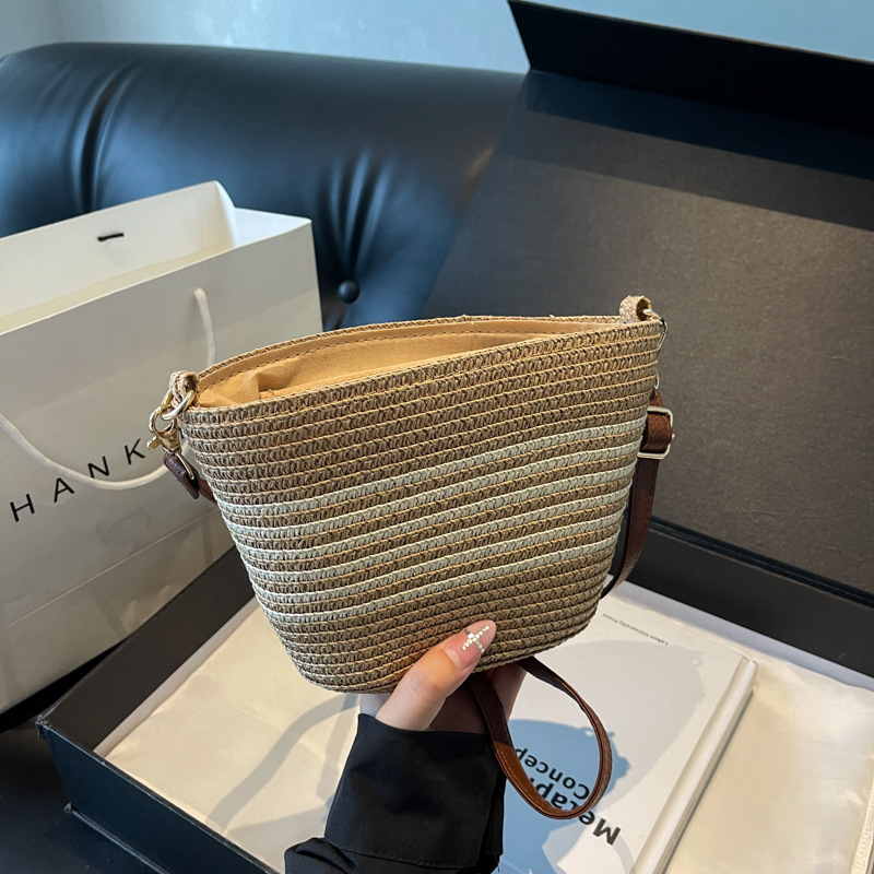 New Retro Stripe Woven Straw Tote Bag, Versatile Beach & Commute Crossbody Bag, Casual Boho Shoulder Purse