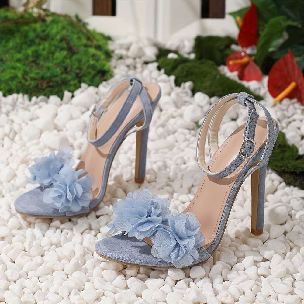 Elegant Women S Lace Stiletto Sandals Sexy Floral Design Open Toe With Ankle Strap High Heel Dress Shoes In Blue MOJIDASHU