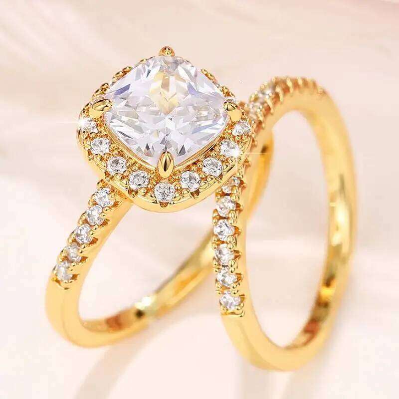 Huitan 2Pcs/Set Ring for Women Wedding Engagement Charming Finger Accessories Inlaid Shining CZ Elegant Party Fashion Jewelry