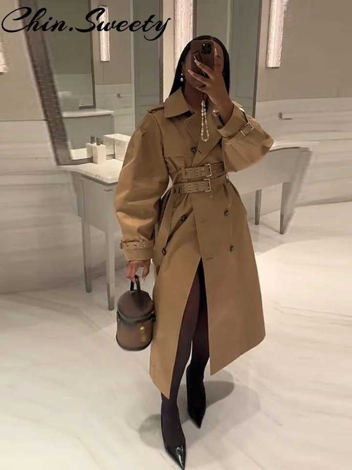 Elegant Solid Belt Women Trench Coat Casual Double Breasted Long Sleeve Lapel Female Jacket 2025 Autumn Urban Lady StreetwearT251226