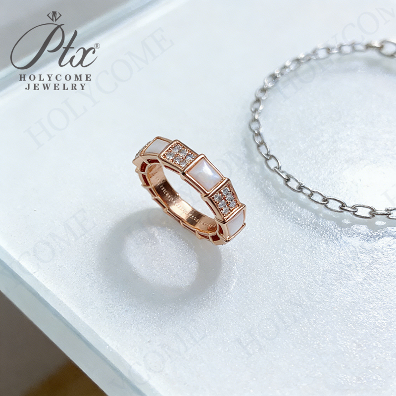 Boutique High Snake Bone Ring Plated with 18k Rose Gold Full of Zircon Diamonds White Mother of Pearl Snake-shaped Ring
