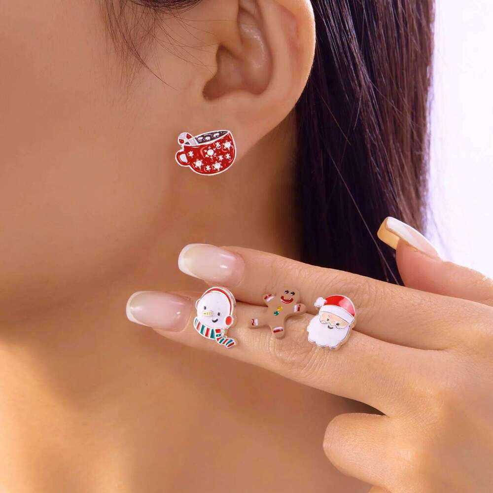 4 Pcs/Set Cute Enamel Christmas for Women Small Elk Bell Xmas Tree Stud Earrings New Year Festival Party Jewelry Gifts 25H1226