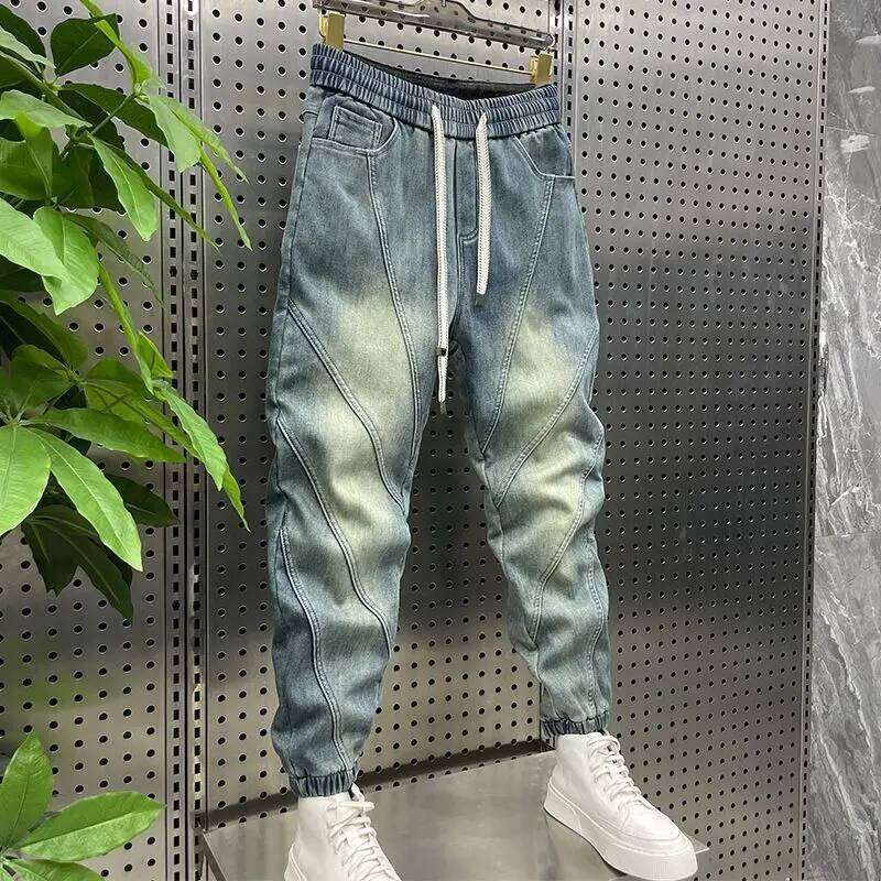 Trendy Men's Splicing Casual Elastic Waist Blue Old Jeans Loose And Versatile Fashion Harlan Pants