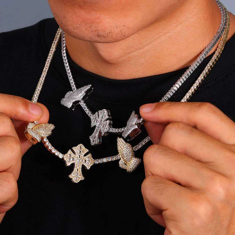 jewelry Hip Hop Necklace High Quality Sparkling 5A Cubic Zirconia Praying Hand Cross Charm Tennis Chain Dropshipping