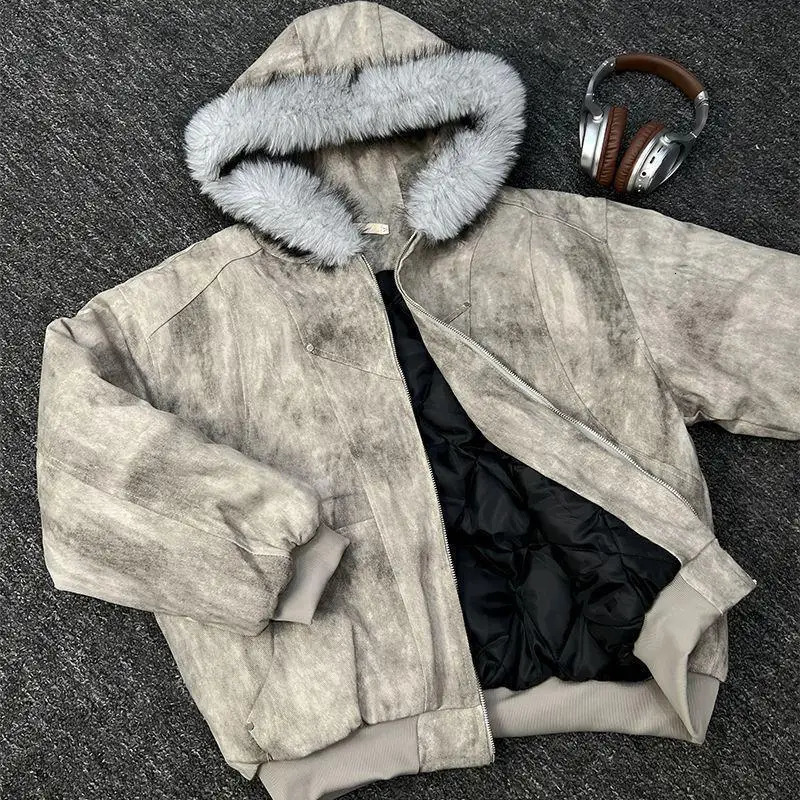 american Winter Fur Hooded Jacket Men Outerwear Thick Short Parkas Coat Faux Collar Parkas Casual Aesthetic Retro warm 251222