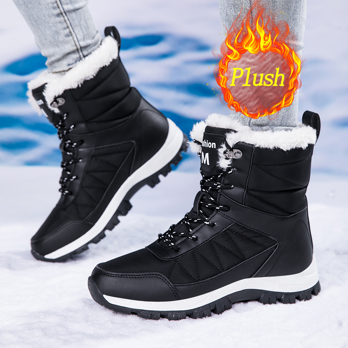 Women's Snow Winter Fleece Lined Thickened New Style Northeast Cotton Shoes Waterproof Non-Slip Outdoor Skiing Mid-Calf Cold-Proof Boots