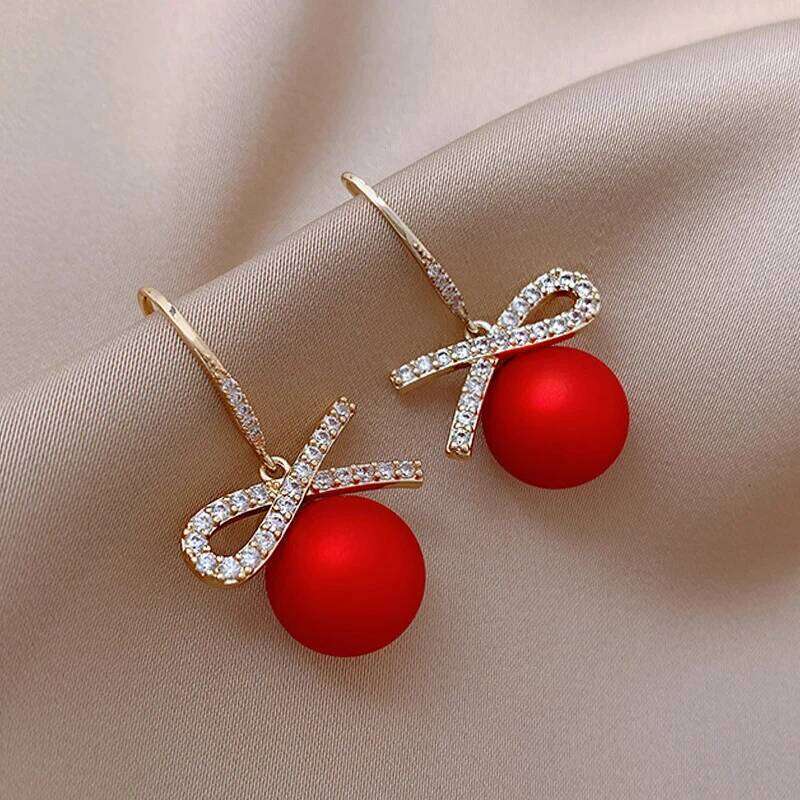 Red Zircon Crystal Bow Stud Earrings For Women Heart Shape Bowknot Christmas Earring Girl New Year Festival Jewelry 25H1226