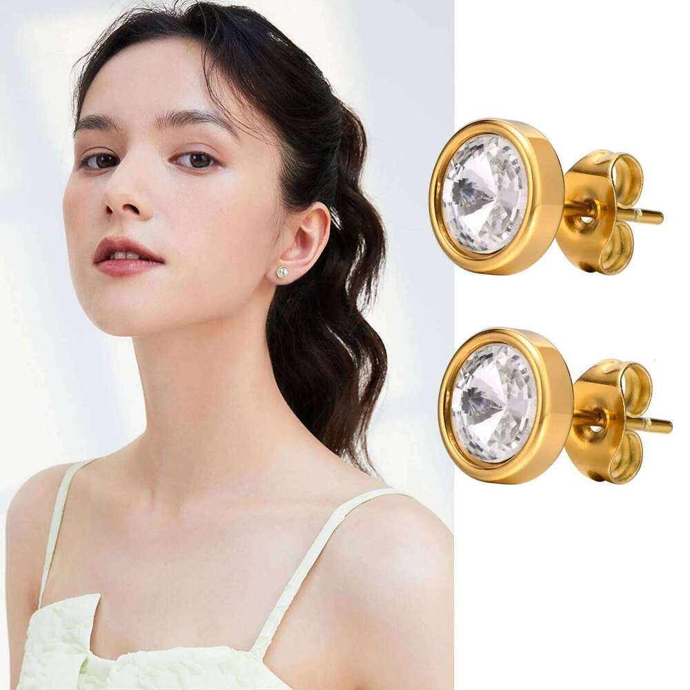 Sparking Round Cubic Zirconia Earring, Danity Women Stud Earrings Gold Plated Stainless Steel Jewelry 25H1226