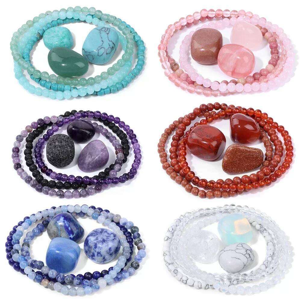 4mm Natural Stone Beads With 3pcs Stones Rose Quartzs Amethysts Red Agates Turquoises Opal Bracelet Set For Women Men 25T1226